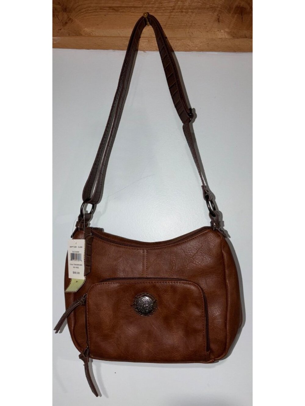 NWD Brown Faux Leather Shoulder Bag Adjustable Strap Decorative Front Medallion